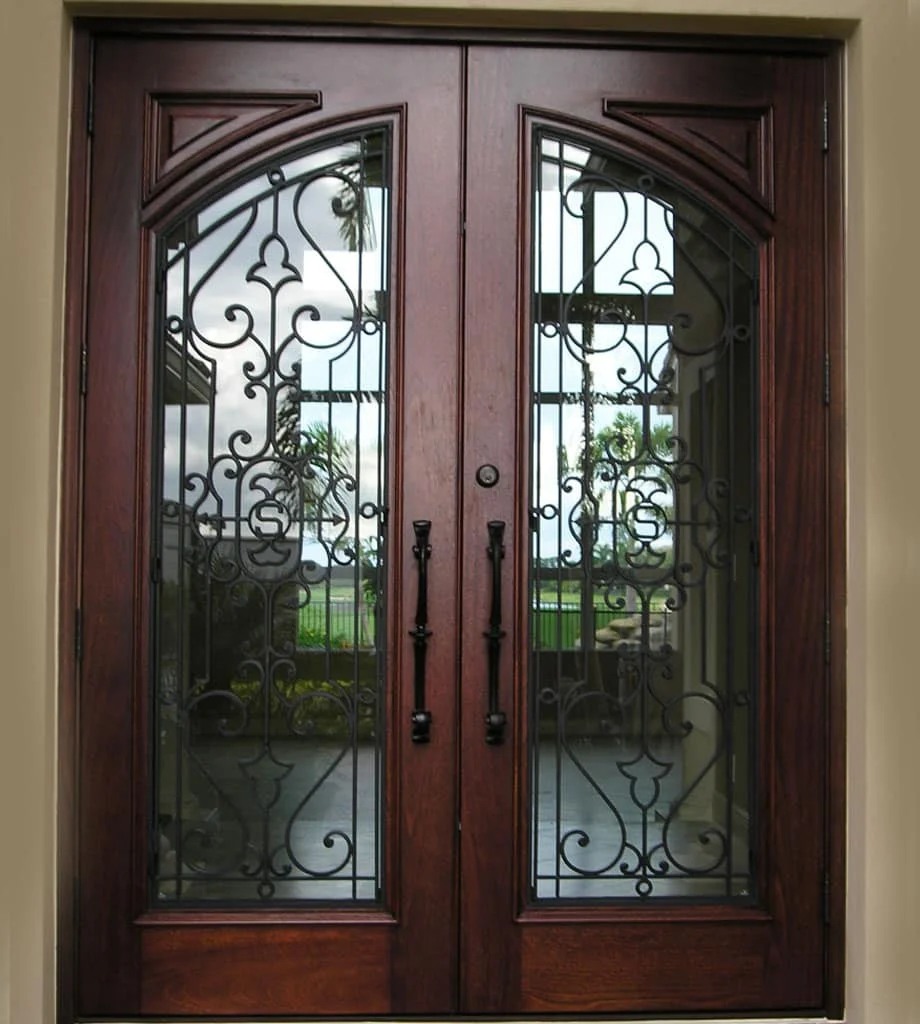 Square-top wood and iron entry door